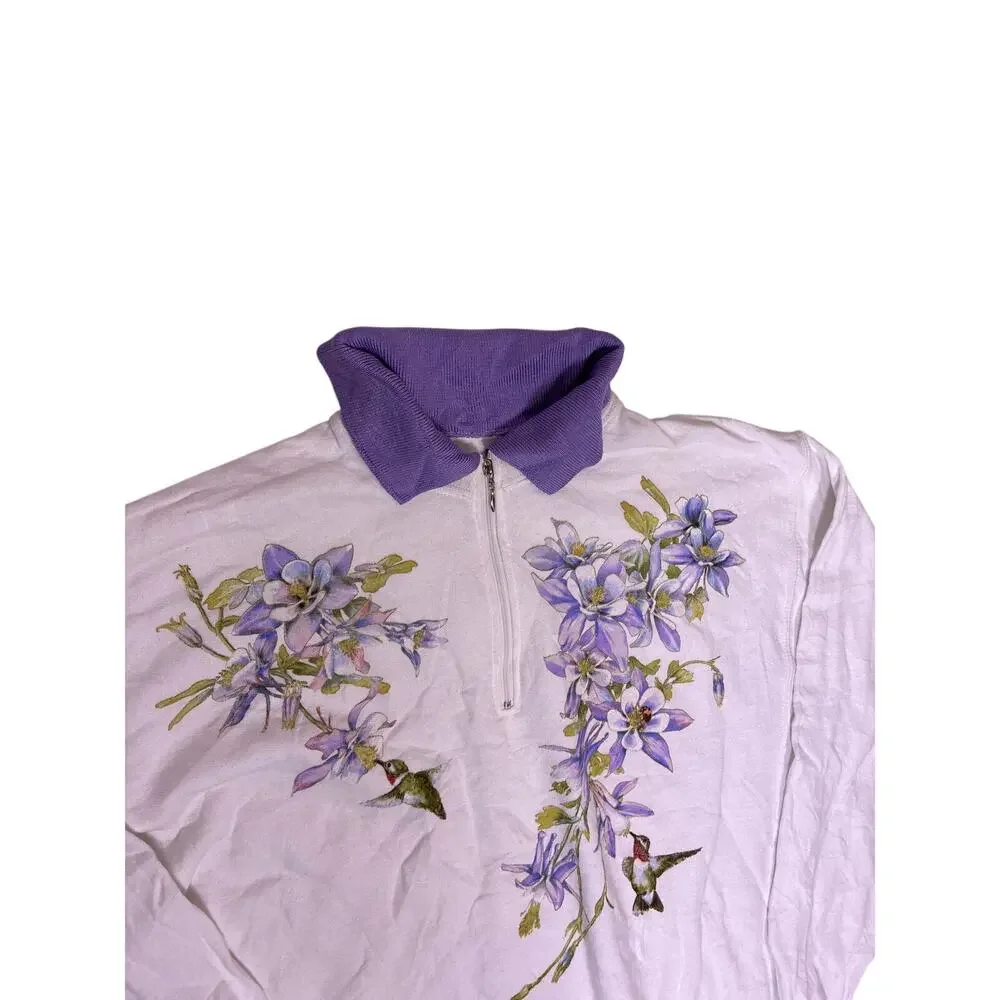 Vintage Cotton Hummingbird Floral Collared Quarter Zip M Knit Grandma Cottagcore - Picture 2 of 6